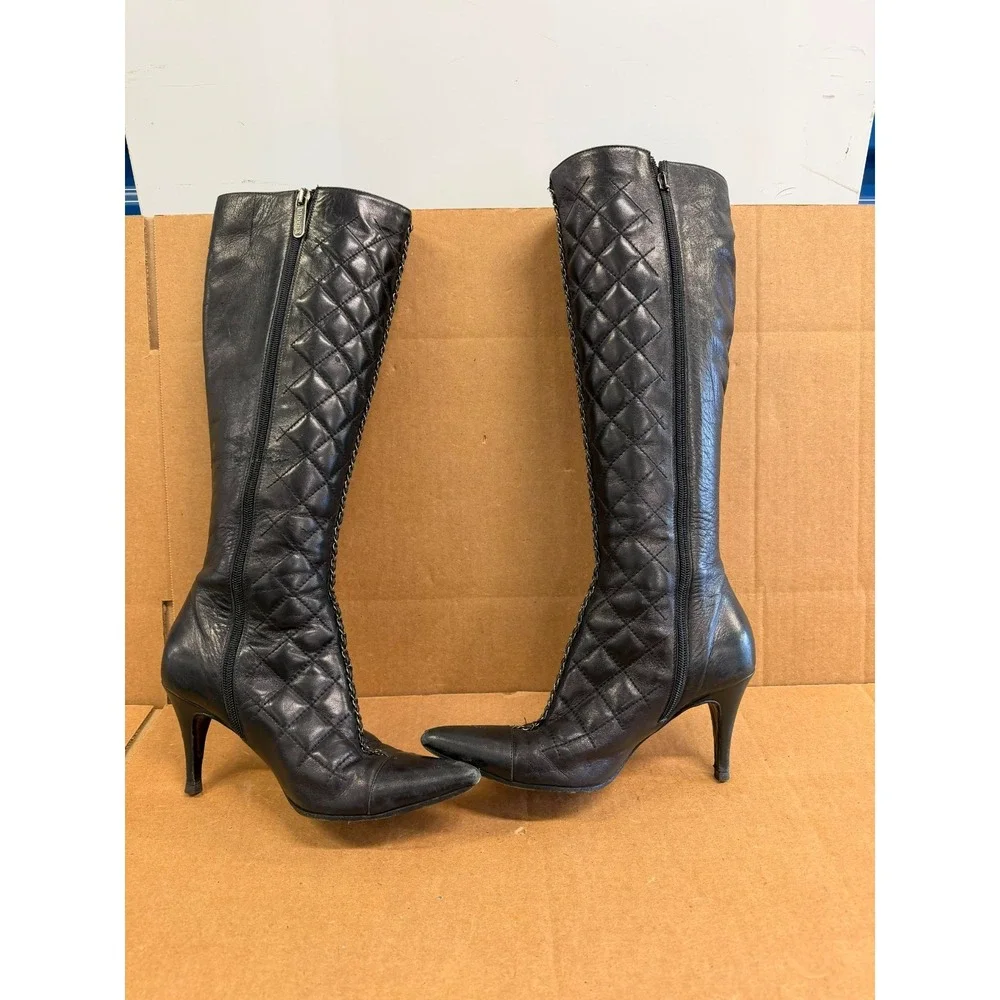 Chanel Quilted Leather Chain Pointed Toe Knee-high Boots Black Womens Size 36 EU
